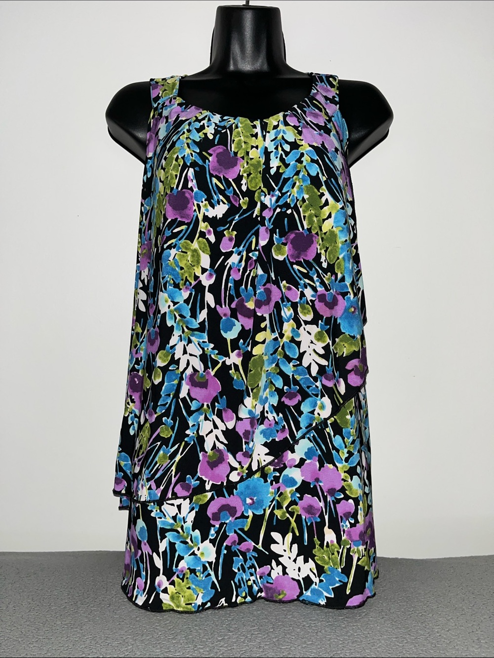Long Black Floral Tank with Purple & Blue Floral Print